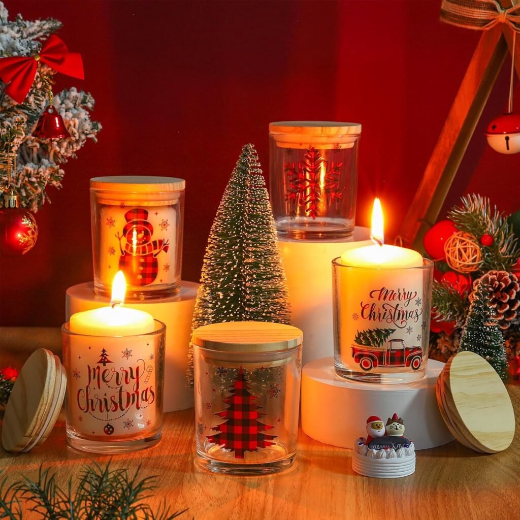 Whaline 10 Pcs Christmas Glass Candle Jars Plaids Xmas Tree Snowman Snowflake Empty Container Clear Glass Jars with Cork Lids for Candle Making Storing Biscuits Winter Holiday Party Decor