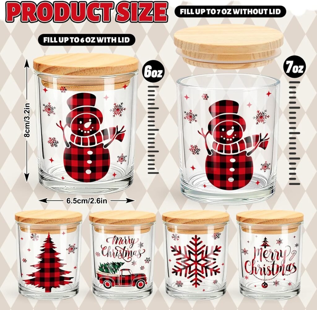 Whaline 10 pcs christmas glass candle jars plaids xmas tree snowman snowflake empty container clear glass jars with cork
