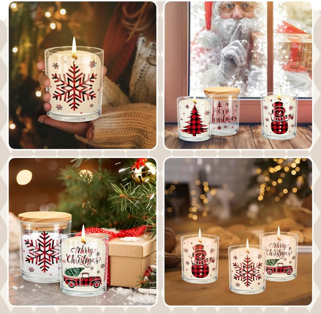 Whaline 10 Pcs Christmas Glass Candle Jars Plaids Xmas Tree Snowman Snowflake Empty Container Clear Glass Jars with Cork Lids for Candle Making Storing Biscuits Winter Holiday Party Decor