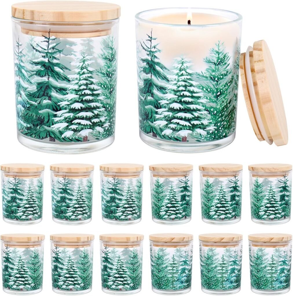 Whaline 12Pcs Christmas Empty Candle Jar with Wooden Lid Xmas Tree Glass Candle Container for Candles Making Storing Kitchen Table Centerpiece Decoration