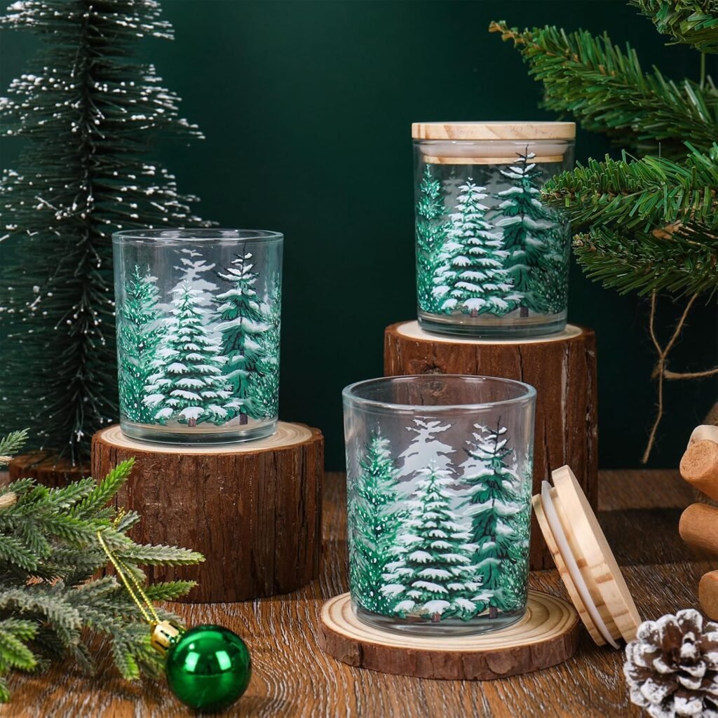 Whaline 12Pcs Christmas Empty Candle Jar with Wooden Lid Xmas Tree Glass Candle Container for Candles Making Storing Kitchen Table Centerpiece Decoration
