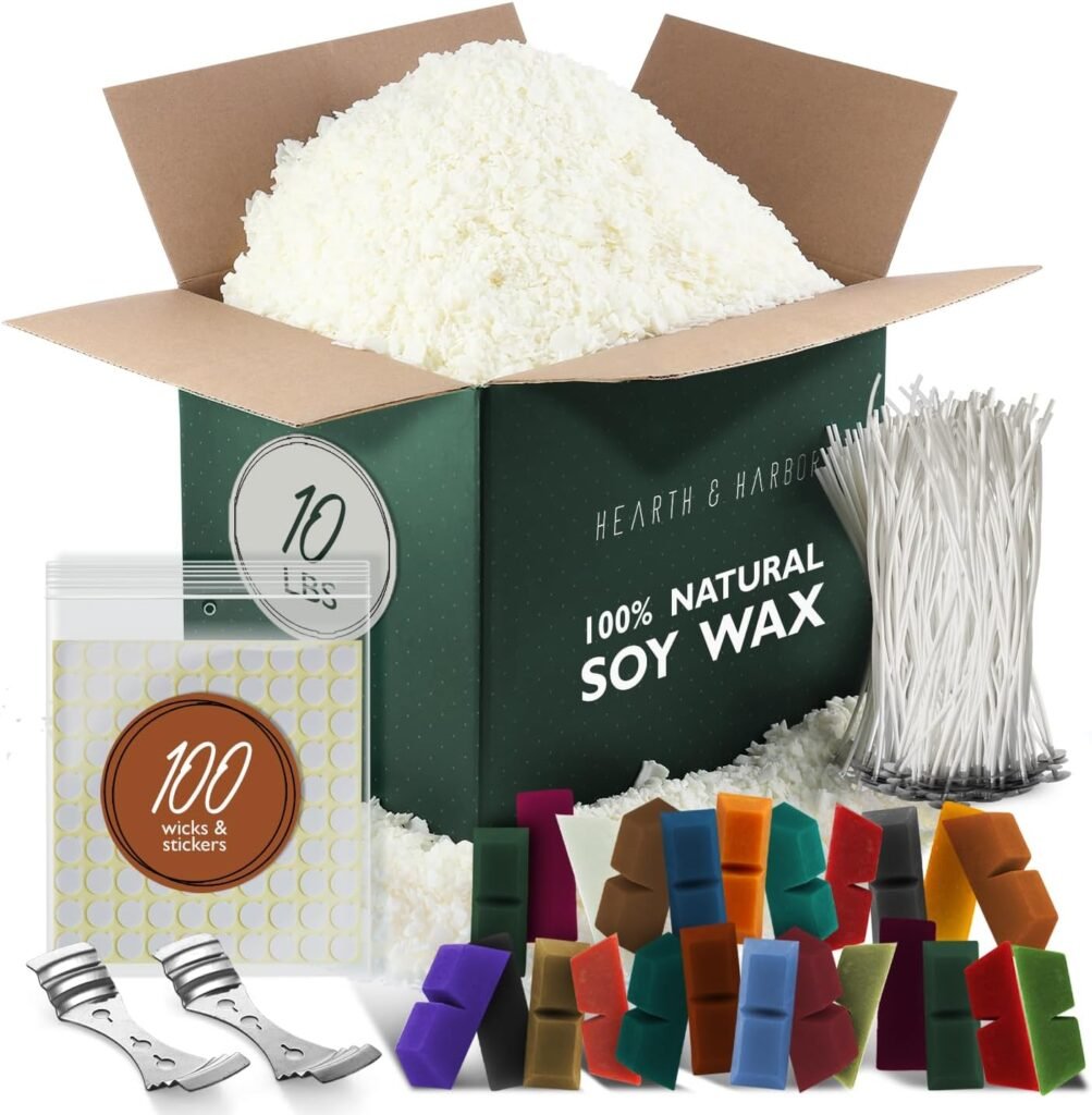 Hearth  Harbor Natural Soy Wax and DIY Candle Making Supplies - 10 Lbs Soy Candle Wax Flakes, 24 Candle Wax Dye Blocks, 100 Cotton Wicks, and 2 Metal Centering Device, Multicolored
