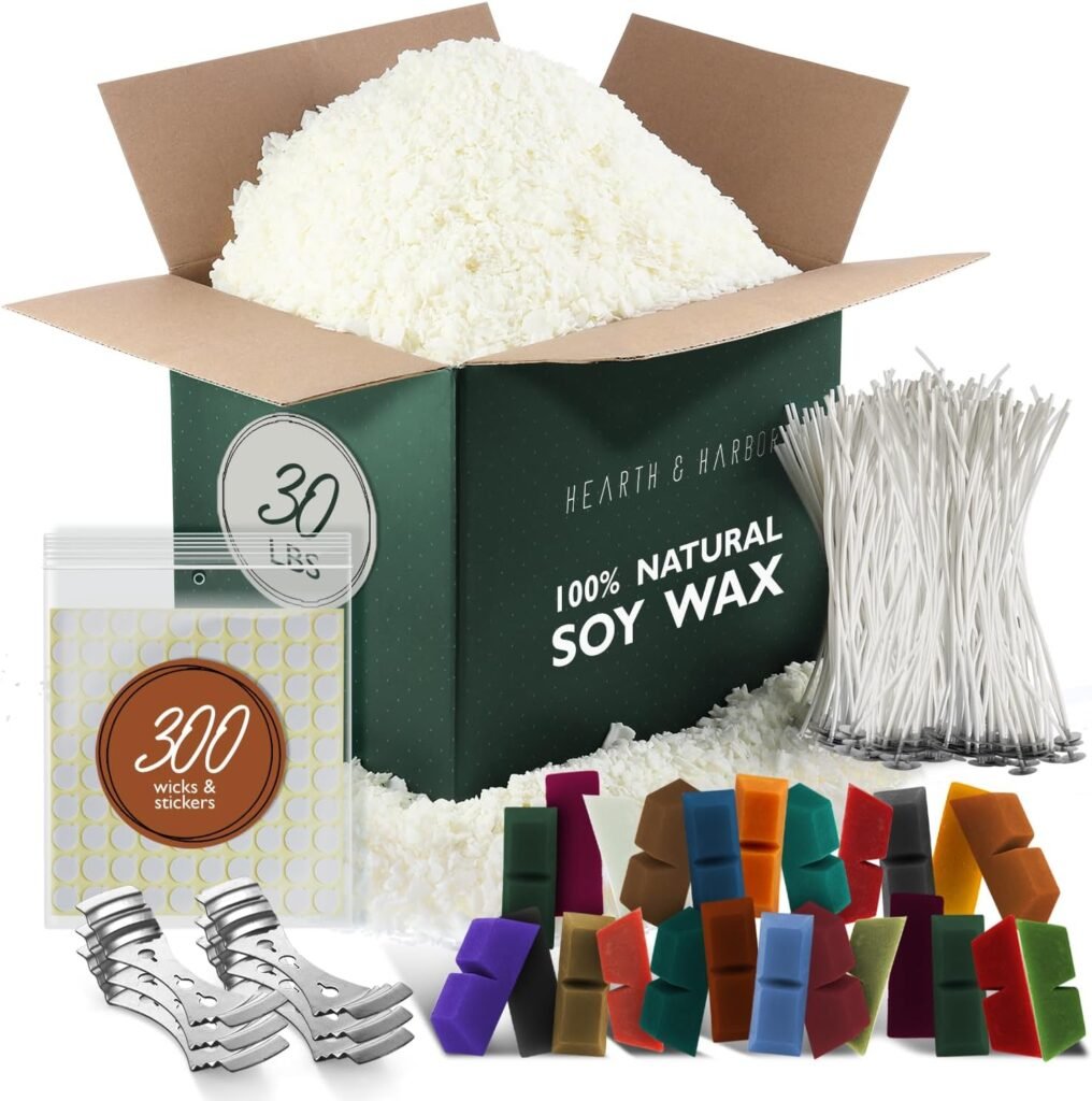 Hearth  Harbor Natural Soy Wax and DIY Candle Making Supplies - 10 Lbs Soy Candle Wax Flakes, 24 Candle Wax Dye Blocks, 100 Cotton Wicks, and 2 Metal Centering Device, Multicolored