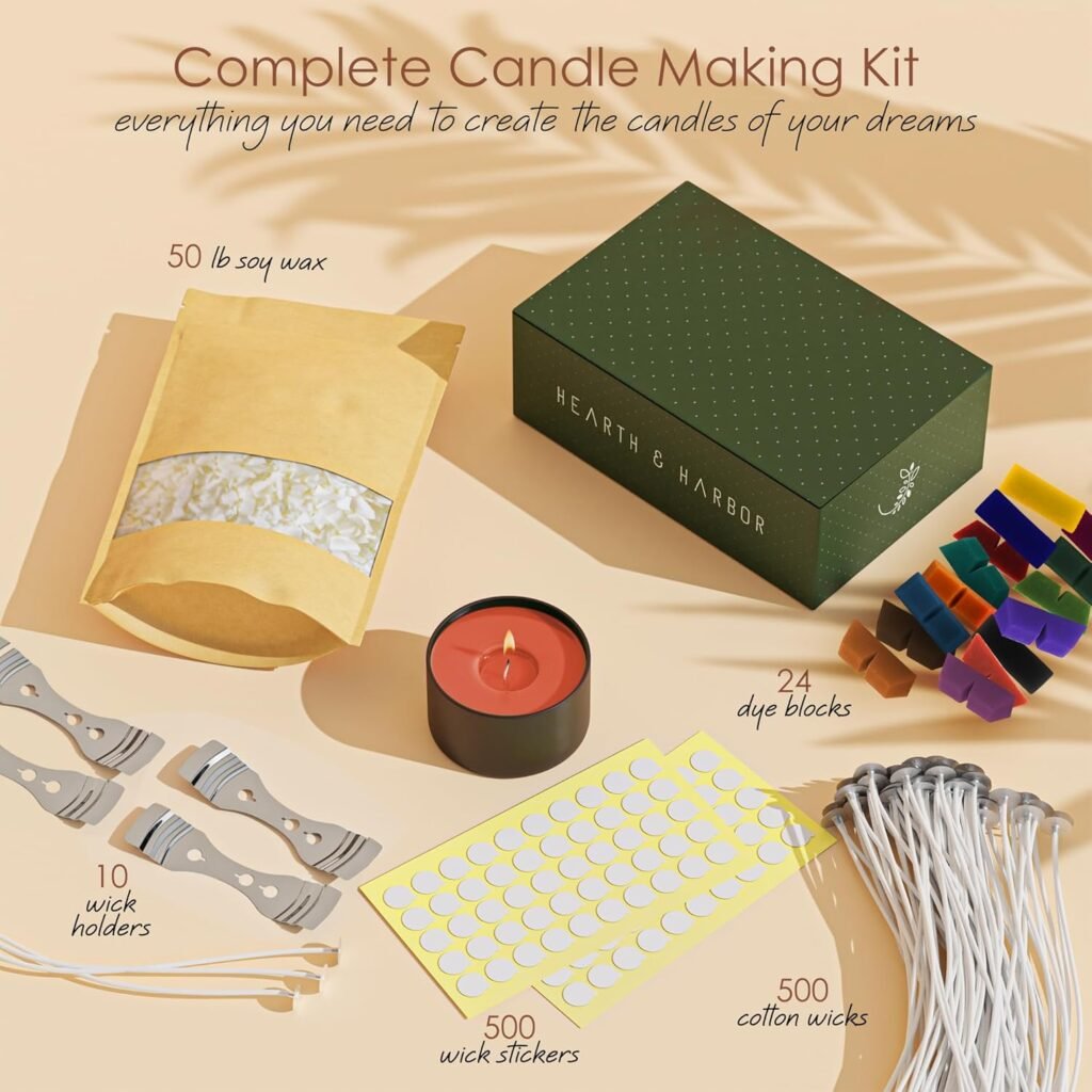 Hearth  Harbor Natural Soy Wax and DIY Candle Making Supplies - 10 Lbs Soy Candle Wax Flakes, 24 Candle Wax Dye Blocks, 100 Cotton Wicks, and 2 Metal Centering Device, Multicolored