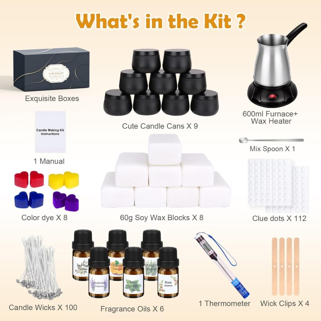 KIYTARBOO Candle Making Kit with Wax Melter, DIY Soy Candles Making Supplies for Adults and Beginners, Complete Jar Candle Kit for Starter, Perfect as Home Decoration Party Gift