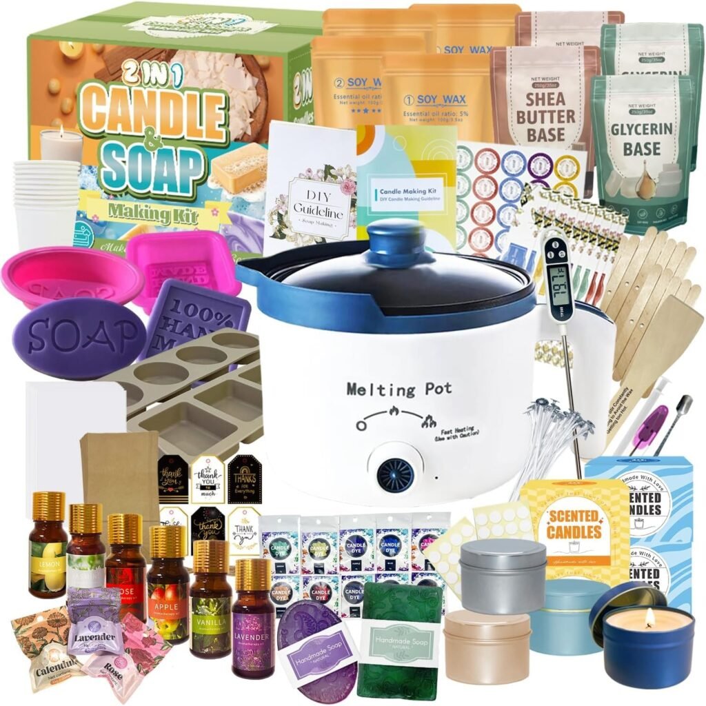PIUH 2-in-1 Candle  Soap Making Kit for Beginners, All in one Complete DIY Craft Kit to Make Handcrafted Soap Bars + Scented Candles with Melting Pot, Wax, Soap Base, Molds, Fragrance Oils and Dyes