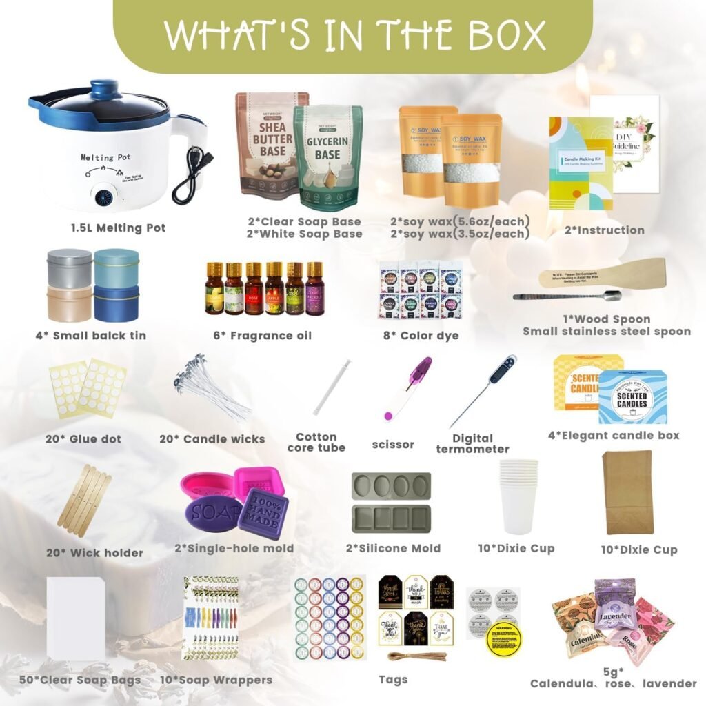 PIUH 2-in-1 Candle  Soap Making Kit for Beginners, All in one Complete DIY Craft Kit to Make Handcrafted Soap Bars + Scented Candles with Melting Pot, Wax, Soap Base, Molds, Fragrance Oils and Dyes