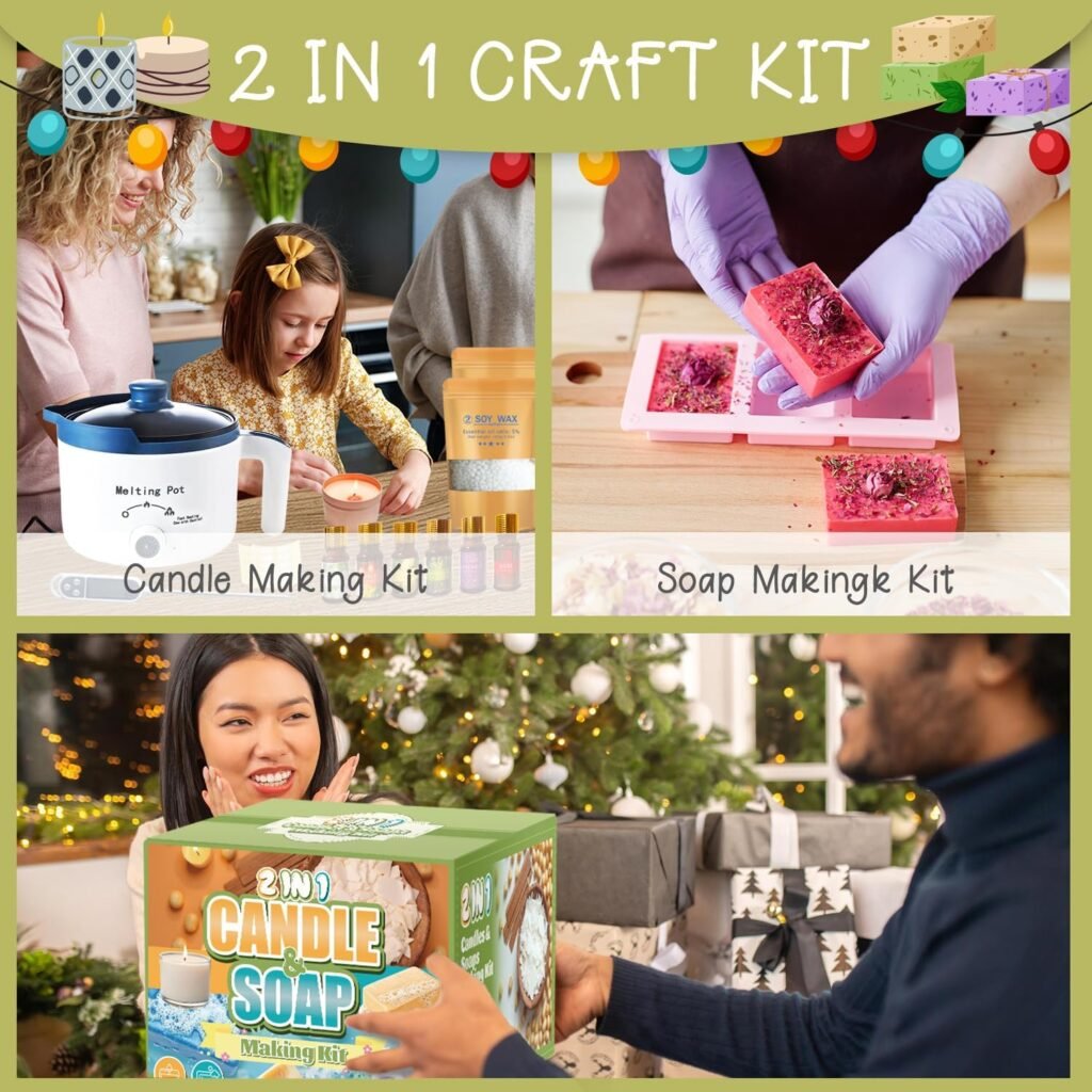 PIUH 2-in-1 Candle  Soap Making Kit for Beginners, All in one Complete DIY Craft Kit to Make Handcrafted Soap Bars + Scented Candles with Melting Pot, Wax, Soap Base, Molds, Fragrance Oils and Dyes