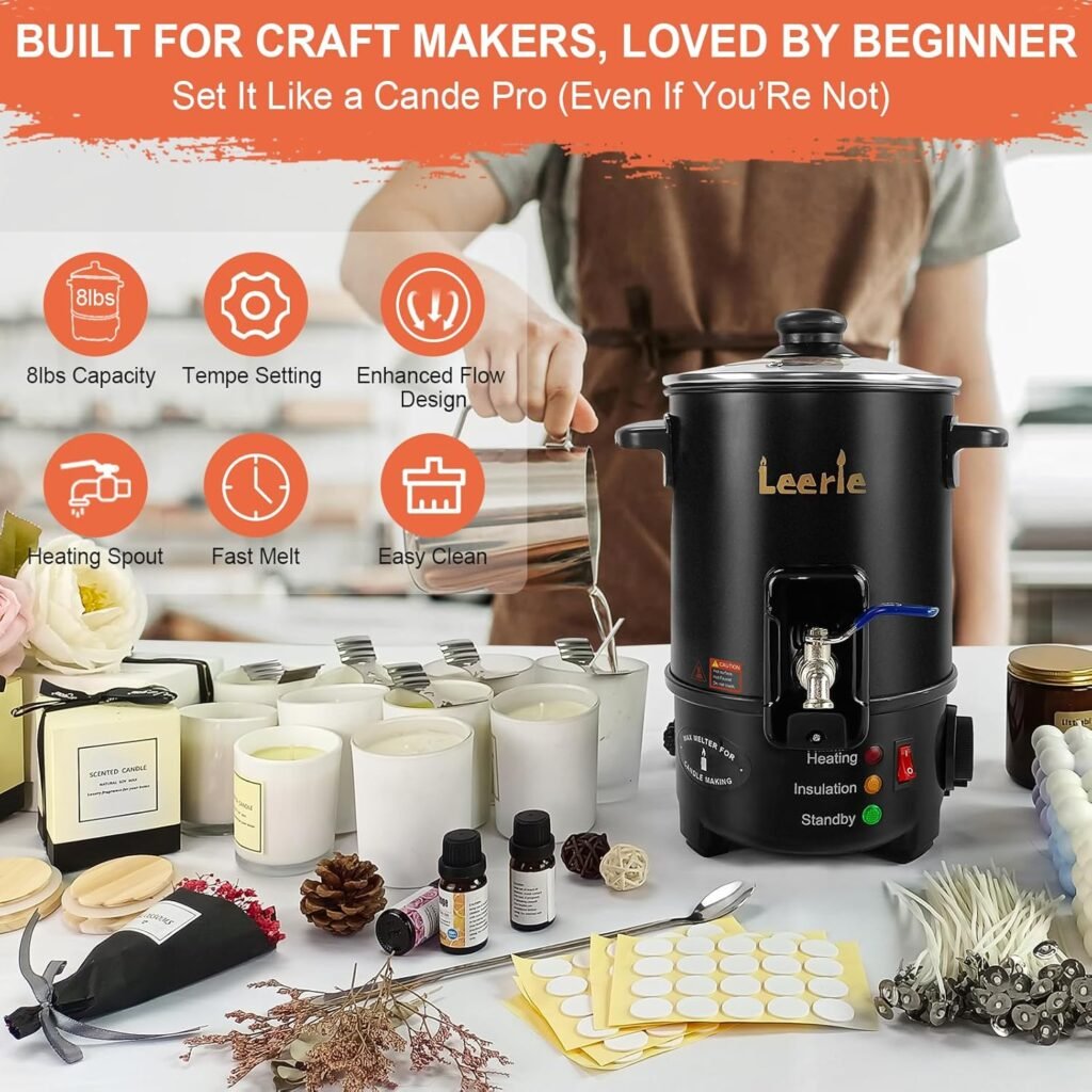 Leerie M4 8Lbs Wax Melter for Candle Making – Heating Core Brass Spout Temp Control, No Clog, Easy to Clean – Electric Wax Melting Pot for DIY Candle Makers Beginners Leerie M4 8Lbs Wax Melter for Candle Making – Heating Core Brass Spout Temp Control, No Clog, Easy to Clean – Electric Wax Melting Pot for DIY Candle Makers Beginners