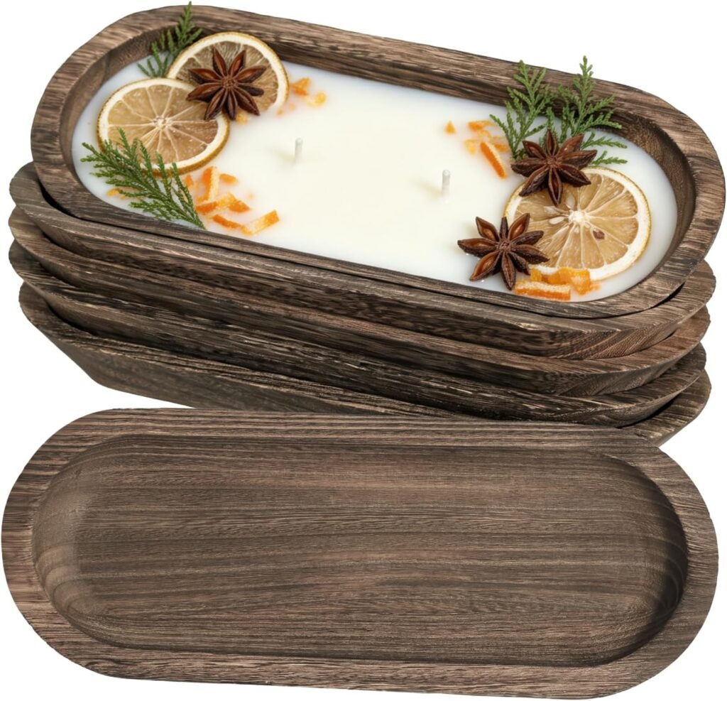 6 PCS Wooden Dough Bowls for Candle Making, 9.45 x 5.5 x 1.57 inch Rustic Dough Bowls Bulk for DIY Crafts Farmhouse Supplies Decoration, Brown