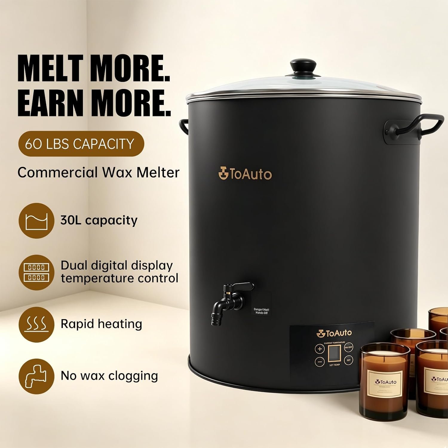 TOAUTO 30L commercial wax melter with digital temperature control and candle production setup