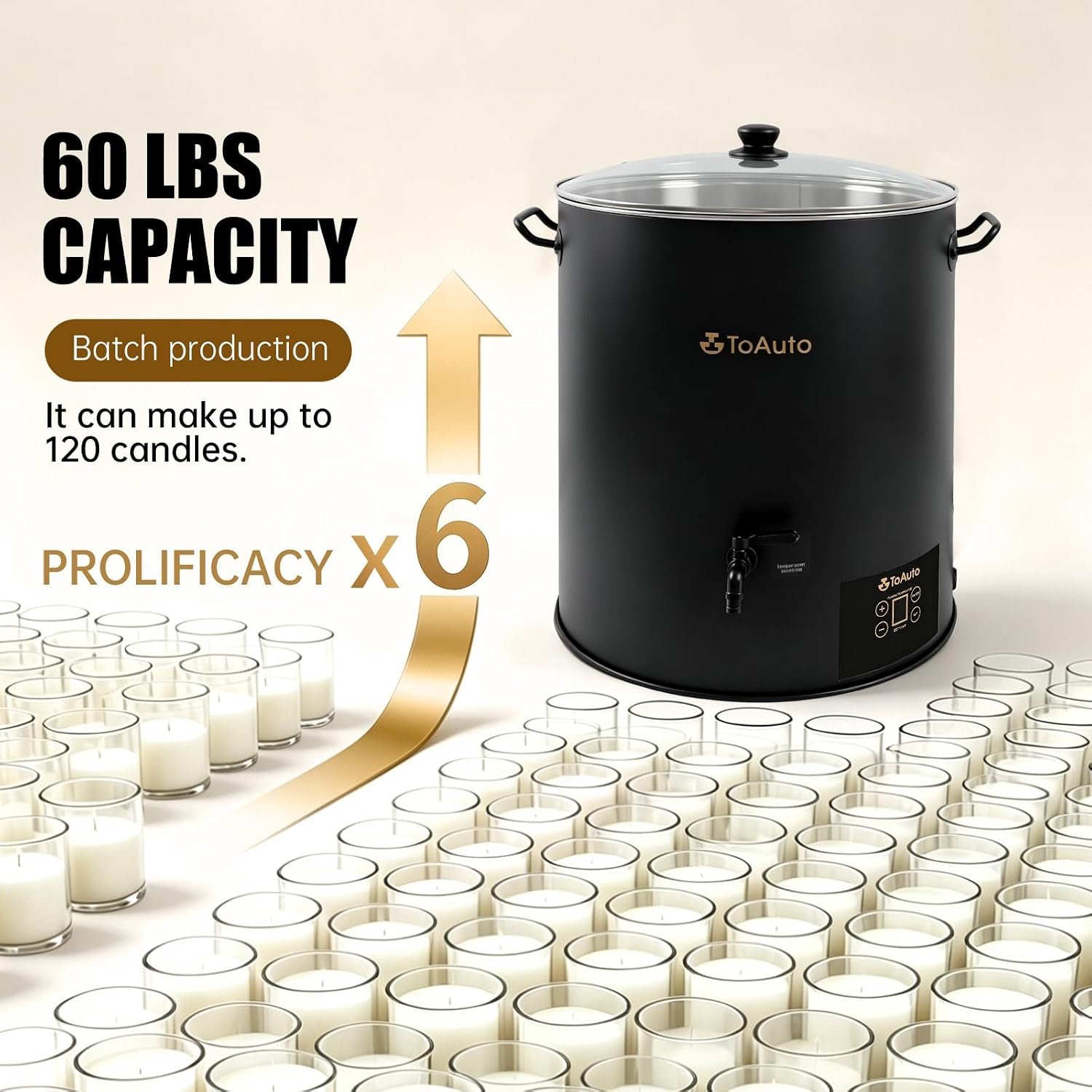 TOAUTO 30L wax melter showing 60 pound capacity for large candle production